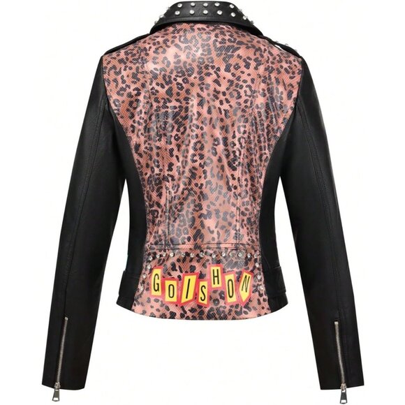 Women Faux Leather Motorcycle Jacket Multicolor Stand Collar with Pockets Coat - Picture 2 of 5